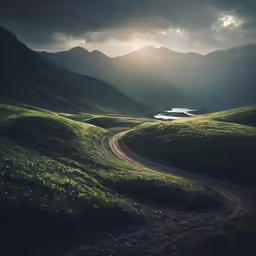 an empty dirt road surrounded by green hills