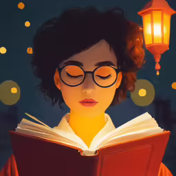 woman in glasses reading a book under a lamp