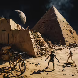 two statues are near two large pyramids