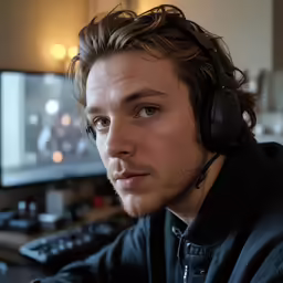 a guy with headphones sitting next to a keyboard