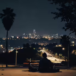 a person sitting on a bench at night overlooking a city