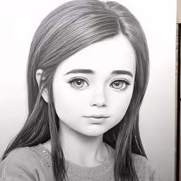 a girl with long hair and eyes, drawing on paper