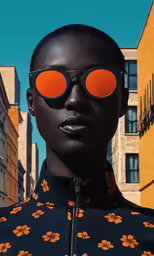 a black woman with sun glasses in an orange city