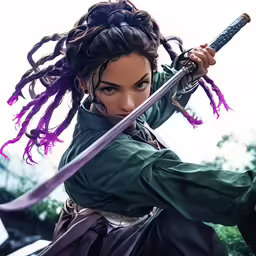 a woman with dread locks is holding a sword