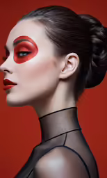 a woman with red eyeliners and a black dress