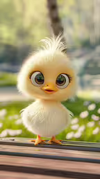 there is a small chick with a big eyes,a small fluffy chicken standing on top of a table