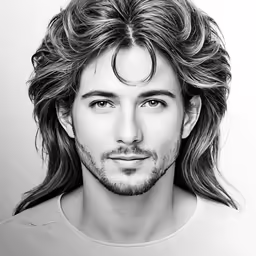 a man with long hair and glasses in black and white