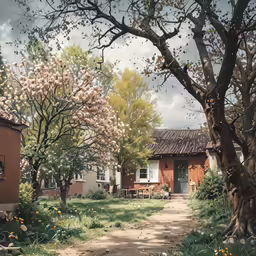 trees and bushes surround an old brick house