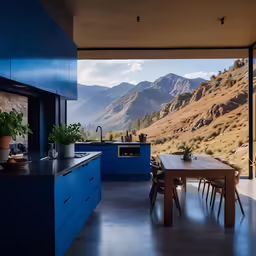 a kitchen with a view of a mountain range