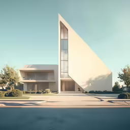 a modern building on a city street near some trees