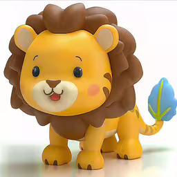 the small toy lion has blue legs and paws,this is a small lion toy with big teeth