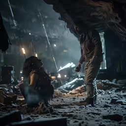 the man is standing next to a woman with a gun
