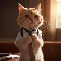 an orange cat wearing a shirt and tie