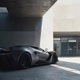 a grey sports car sits in front of a building