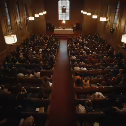 a large group of people are sitting in a church