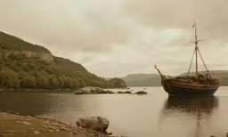 an old boat in a lake in the mountains