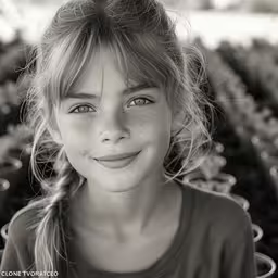 a young woman with blonde hair and a frecky ponytail stands in front of rows of blue flowers,a girl standing in a field smiling at the camera