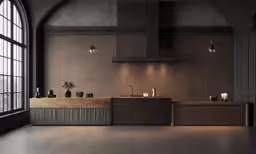 a large window that has a counter in front of it
