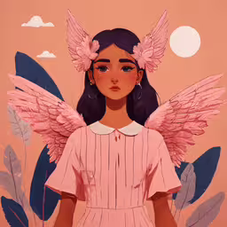 a person standing in front of a pink background,a painting of a girl in a pink dress with angel wings