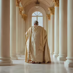 an old man dressed in a large outfit sits facing the window