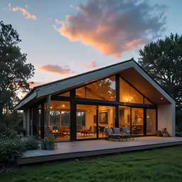 a house with its glass walls and an expansive lawn
