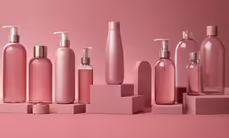 pink bottles filled with soap and lotion on a pink surface