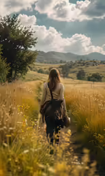 the woman is riding on her horse through the field