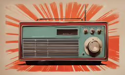 an old radio on a table with colorful background