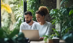 a couple sitting on a window ledge with a laptop looking at them