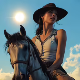 a woman is sitting on a horse and looks forward