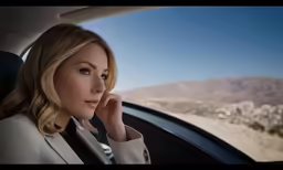 a woman driving in a car wearing a white suit