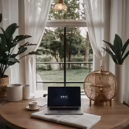 the laptop on a wooden table in front of a window