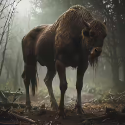 there is a large brown bull standing in the woods