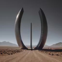 a person standing in front of a sculpture on the desert