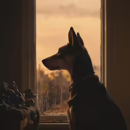 the dog is staring out of the window