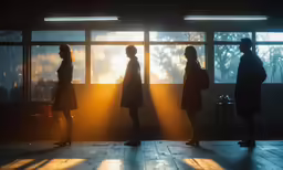 four people are standing in a large room with sun rays coming through the window