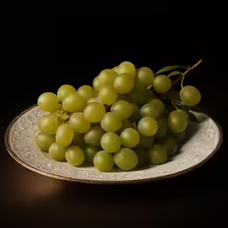 some green grapes are sitting on a gold and white plate