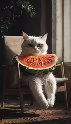 a white cat is sitting in a chair and eating a piece of watermelon