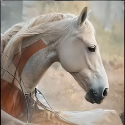 the horse is looking around on the dirt field