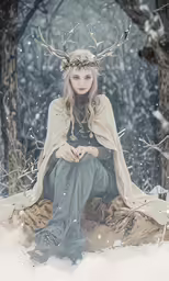 the blonde elf sits among winter forest and looks like she is wearing a crown of elk horns