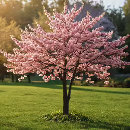 a pink flowered tree stands in a grassy area