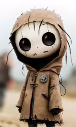 a doll dressed in a brown jacket