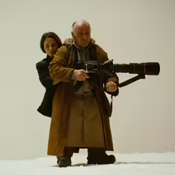 an older man and younger woman are posing for the camera