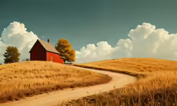 a dirt road runs past a house on a hill