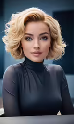 a blonde woman sitting down in front of a white table