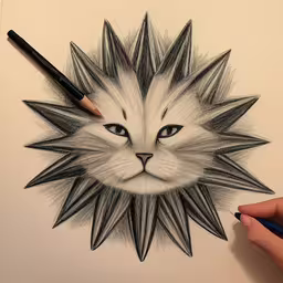 someone drawing a drawing of a cat with pencils,someone has drawn a drawing of a cat