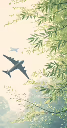 two large airplanes flying over some green trees