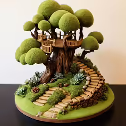 a small tree house with a bridge built into it