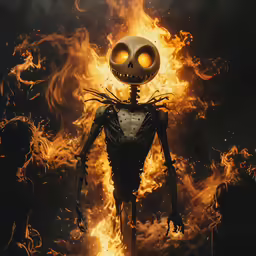 a skeleton dressed in a skeleton costume and glowing eyes