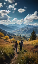 two hikers walking on a trail with the mountains behind them